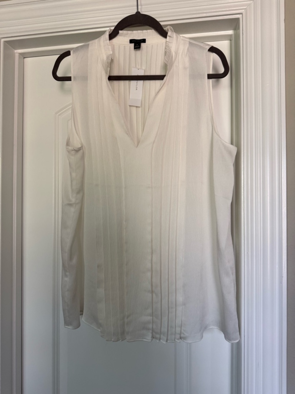 Ann Taylor Sleeveless Pleated V-Neck Top in Off-White